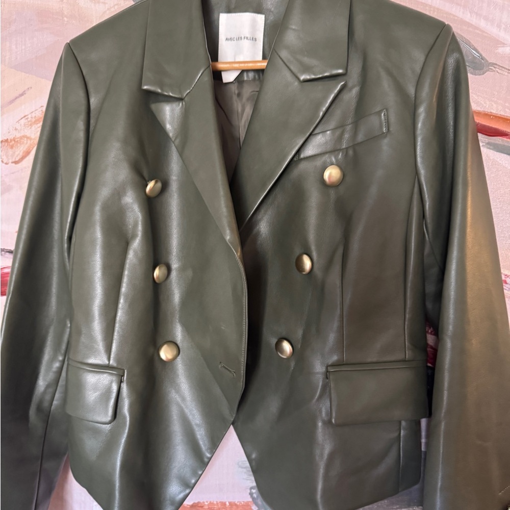 Avec Les Filles  Olive  faux Leather Jacket with Gold Buttons - Picture 2 of 11